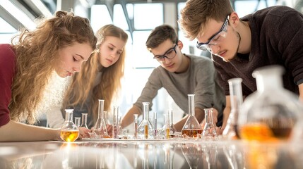 High school students collaborating on a science fair project, showcasing teamwork, enthusiasm, and academic achievement in education.
