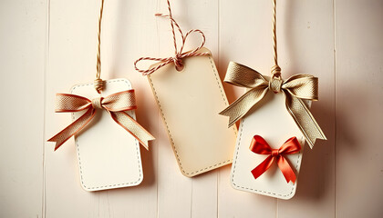 Set of tag and bows in vintage style, Side lit, with white tones