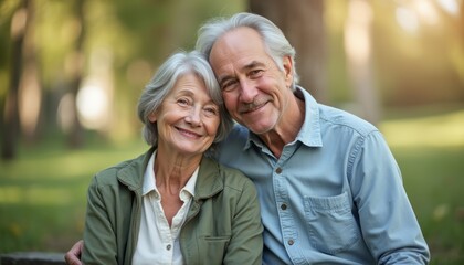 An affectionate elderly couple, a man and a woman, sit closely together in a serene park, radiating joy and love. Their gentle smiles and soft expressions capture the essence of companionship