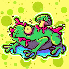 Psychedelic frog with a mushroom on its back. Green trippy acid toad surrounded by pink slime and water.