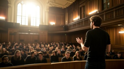 Engaged university students debating passionately in a vibrant lecture hall, fostering a collaborative learning environment
