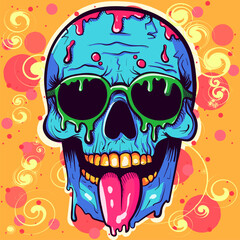 Psychedelic illustration of a colorful skull with sunglasses and tongue out. Acid trippy zombie head with pink liquid lsd.