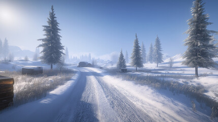 Snowy Winter Road in a Mountain Landscape