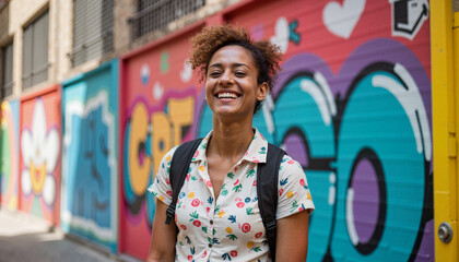 Fototapeta premium Joyful woman smiling in vibrant graffiti backdrop, urban creativity