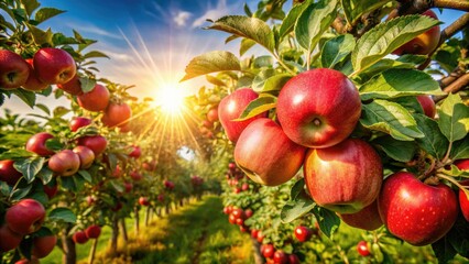 Ripe red apples hang heavy on branches, a vibrant autumn harvest scene viewed from above.