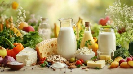 A detailed image of a dairy-free diet, featuring plant-based milk, cheese alternatives