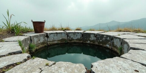 Naklejka premium Rustic Stone Well with a Weathered Bucket on a Hilltop Overlooking a Misty Valley
