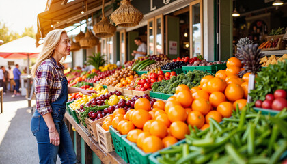 Obraz premium Person admiring fresh produce at sunny food market, summer abundance