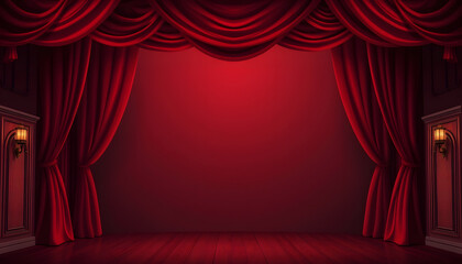 Fototapeta premium Classic Theater Scene, A vintage theater stage with imposing red curtains and a bare background, clipart style, with white tones