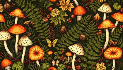Vintage woodland nature seamless pattern. Amanita mushroom, fern, forest plants witchcraft wallpaper, cinematic, with white tones
