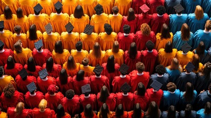 Fototapeta premium Graduation Celebration, aerial perspective of vibrant graduation ceremony in stadium, colorful robes forming a lively tapestry of achievement