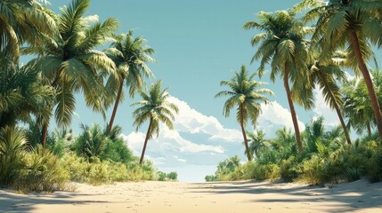 Fototapeta premium Peaceful tropical landscape with palm trees and a blank horizon for text