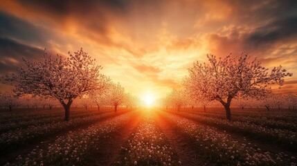 Blossoming Orchard at Sunset, serene hilltop with vibrant fruit trees bathed in warm hues of a setting sun, tranquil and picturesque landscape