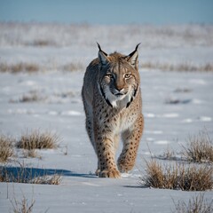 Obraz premium A lynx prowling through a snowy tundra under a cloudless winter sky.