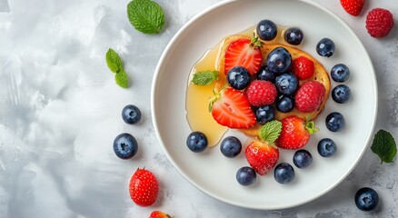Fresh mixed berries served with honey on a white plate with mint leaves
