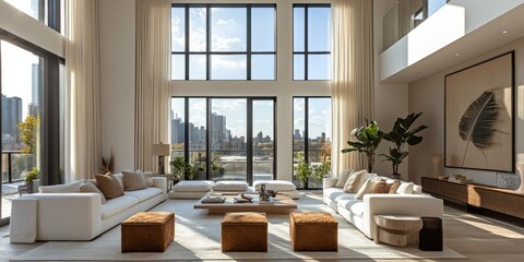 Modern living room with floor-to-ceiling windows urban location high-quality interior design bright environment panoramic view contemporary concept
