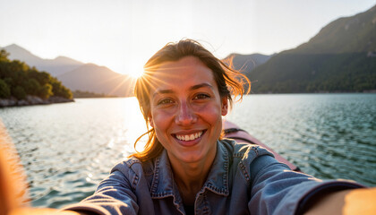 Fototapeta premium Cheerful woman taking selfie by lake at golden hour, joyful moments