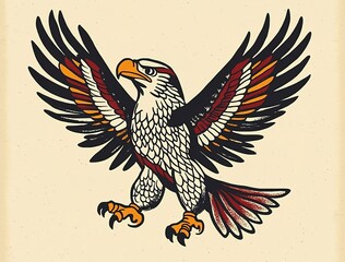 Obraz premium Vintage American traditional tattoo flash illustration of an eagle with its wings spread, vector graphic design on a beige background