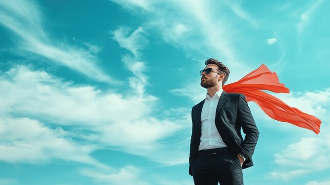 Dynamic leader in outdoor setting, windblown scarf symbolizes inspiration and ambition, showcasing a vibrant business atmosphere.