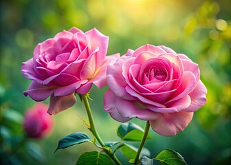 Soft-focus pink roses bloom, blurred green leaves creating a romantic, dreamy floral scene.