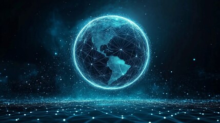 Futuristic Digital World Map Connected by Network Lines and Lights