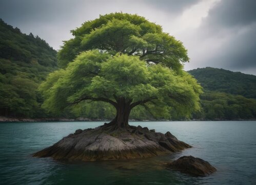 A lone tree on a small island in a vast body of water