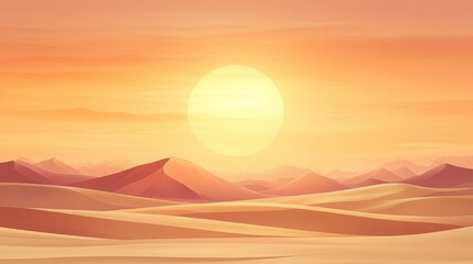 Fototapeta premium Desert Serenity, tranquil scene of rolling sand dunes under a vibrant sunset sky, warm hues blending seamlessly in solitude