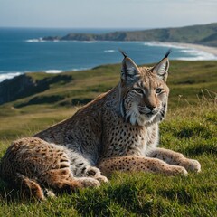 Obraz premium A lynx resting on a grassy hillside with the vast ocean stretching out behind it.