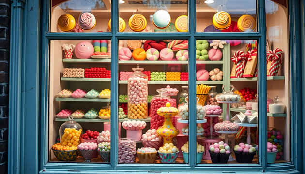 A vintage pastel candy shop window filled with colorful sweets and confectionery, with white tones