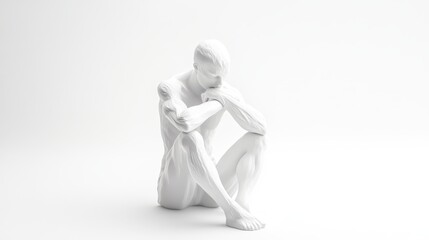 Contemplation in Marble: A minimalist sculpture of a seated male figure, rendered in stark white...