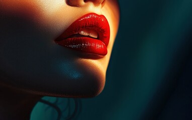 Obraz premium A high-fashion beauty shot of a woman with glossy red lips, glowing against a dramatic shadowed studio background
