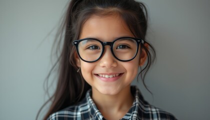 Fototapeta premium A young girl with long hair and stylish glasses beams with joy, showcasing her vibrant personality. Her plaid shirt adds a touch of charm, while her warm smile radiates happiness and confidence.