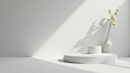 Minimalist White Product Display Platform with Dried Flower Arrangement
