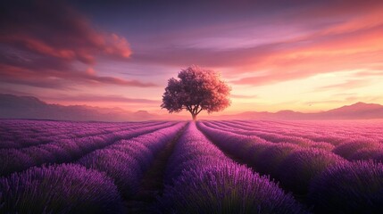 Fototapeta premium Lavender Horizon at Dusk, expansive lavender fields bathed in soft twilight hues, creating a serene and tranquil landscape.