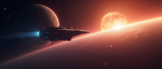 Naklejka premium Spaceship in space, with glow and lights, fantastic image, beautiful planets, planet Earth, planet Sun. Deep space, solar system.