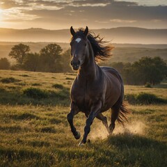 A galloping horse in a vast open meadow at sunrise.