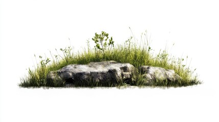 Fototapeta premium Rocks and Grassy Knoll: A cluster of grey rocks topped with a vibrant patch of wildflowers and green grass, isolated on a pure background, perfect for landscaping, architectural.