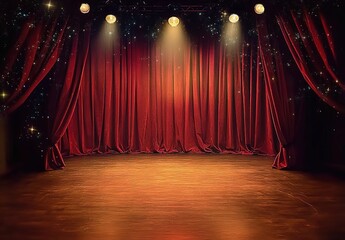 A photograph of an empty stage with red curtains, a spotlight shining on the curtain.