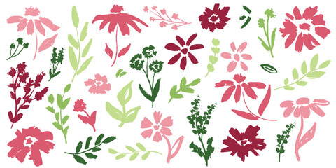 Abstract spring flowers with branches with leaves in brush stroke texture isolated on white background. Hand drawn vector sketch illustration in vintage charcoal ink style. Background, banner design