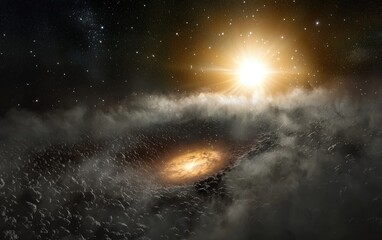 A glowing asteroid belt surrounding a distant planet, illuminated by a nearby star