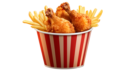 Fried chicken with French fries in a bucket isolated on a transparent background