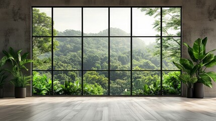 Expansive Glass Window Showcasing Lush Green Jungle Landscape