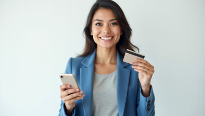 Fototapeta premium Portrait of Smiling Woman Holding Credit Card and Smartphone in Blue Blazer on light white background 