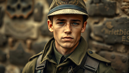 Obraz premium English soldier 1940th, vintage portrait of young man, dreamy atmosphere, with white tones