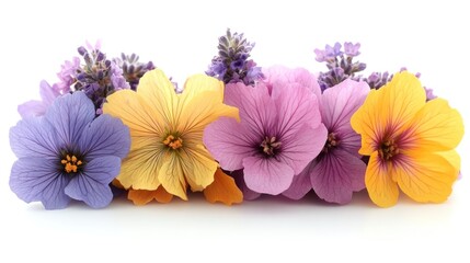 Fototapeta premium Colorful flowers, lavender accents, white background, floral arrangement, website banner