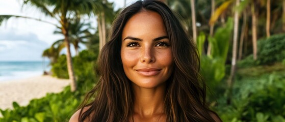 Fototapeta premium Beautiful Woman Smiling Tropical Beach Palm Trees