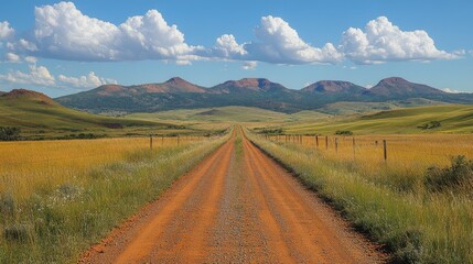 A long dirt road stretching towards distant mountains under a vast blue sky with fluffy white clouds on a bright sunny day