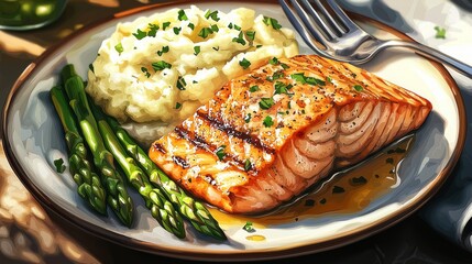 Grilled salmon asparagus and mashed cauliflower on plate illustration