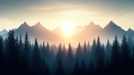 Obraz premium Majestic mountain range with dense pine forest illuminated by soft sunlight, serene landscape inviting exploration and adventure