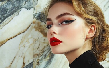 A high-fashion beauty shot of a woman with bold red lipstick and cat-eye eyeliner, set against a luxurious marble backdrop